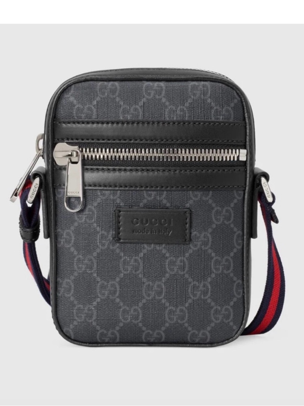 Gucci Gray GG Canvas Crossbody with Navy-Red Web Strap